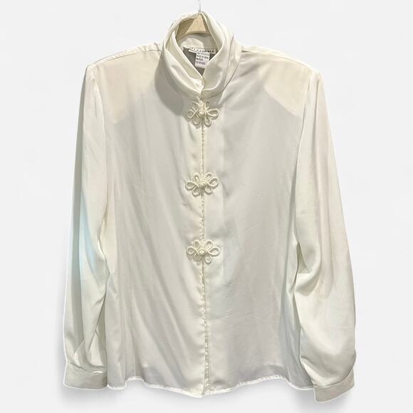 Vintage 80s White Satin Blouse Oversized L Frog Knot Closure Draped Collar - Picture 7 of 9